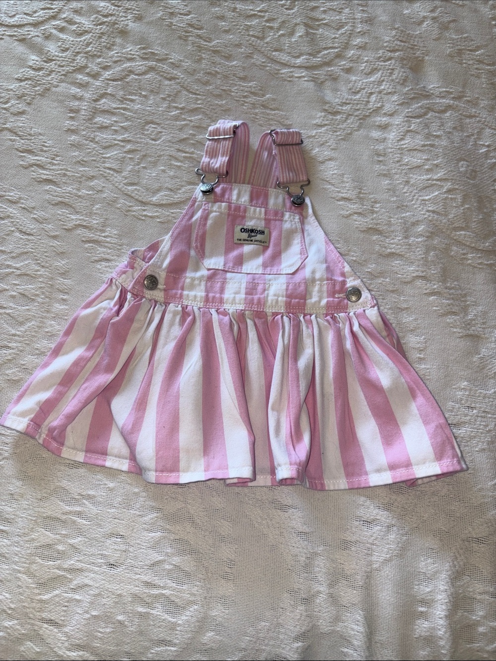OshKosh B'gosh Pink and White Striped Skirted Overalls EUC 18M